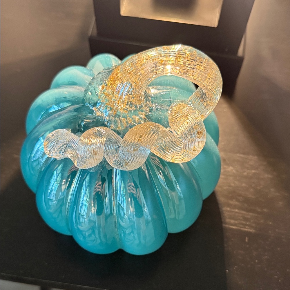 Elegant Glass Pumpkin Decor in Teal and Silver - Picture 4 of 5
